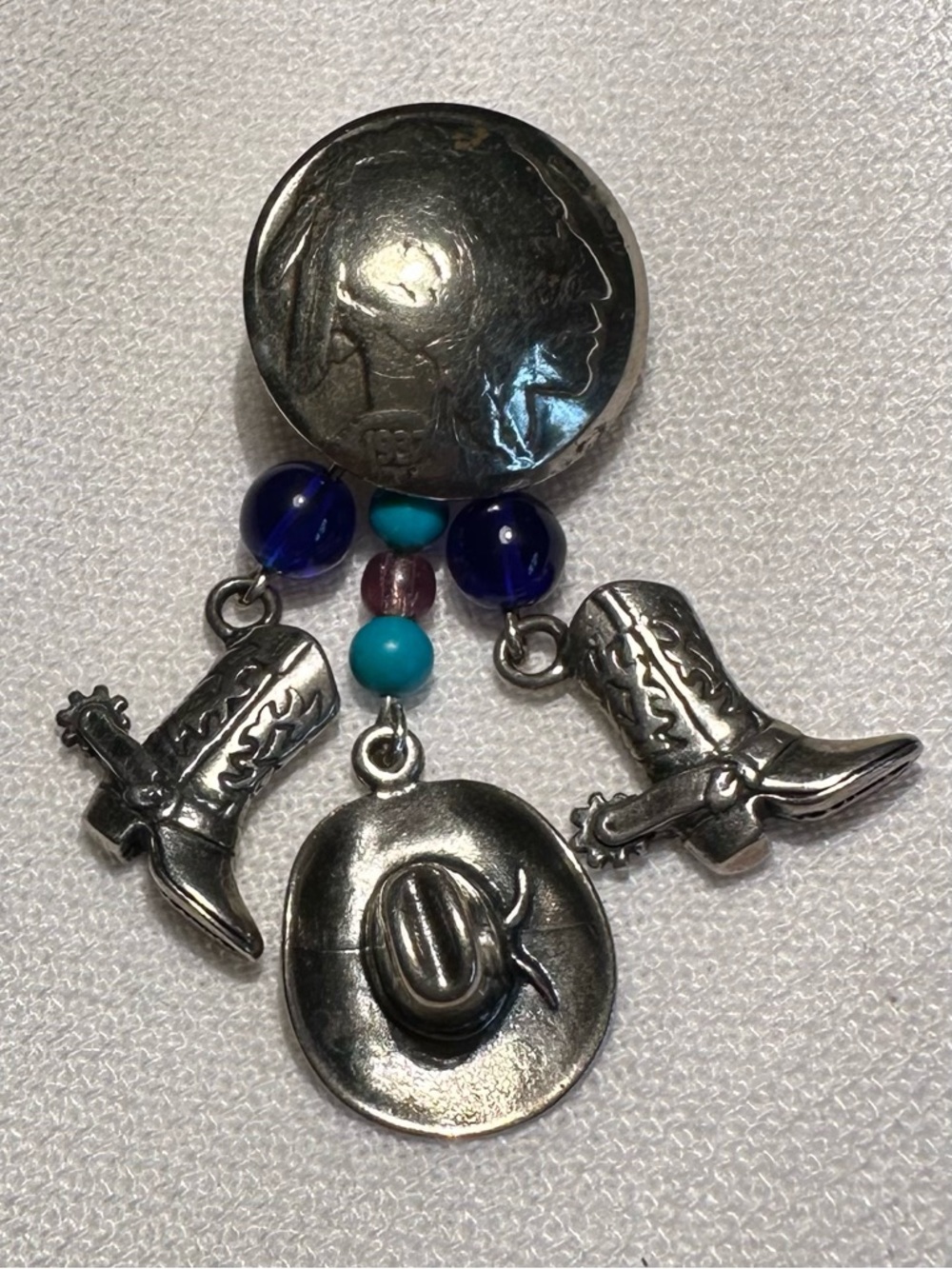 Sterling Silver Western Cowboy Boot & Hat Charm Brooch with Blue Beads - 2”